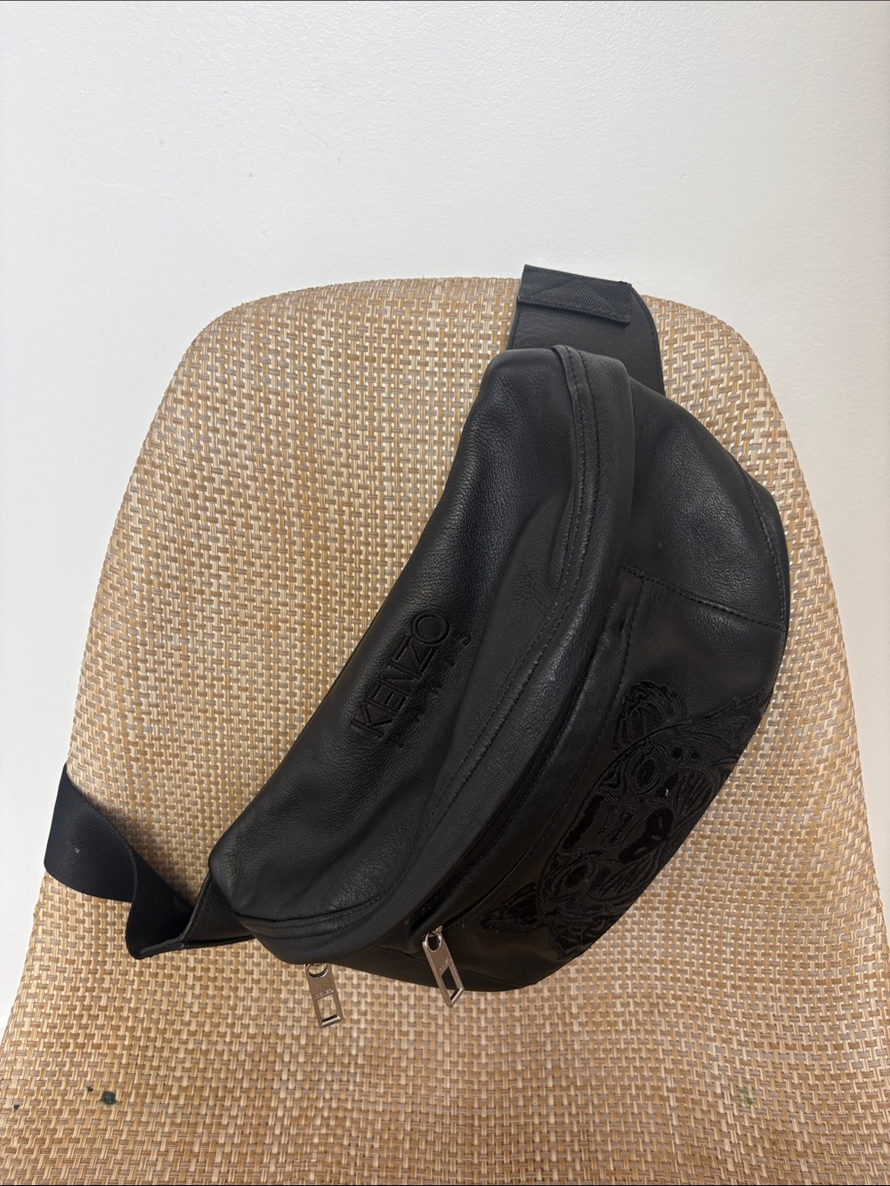 Kenzo Black Leather Belt Bag with Embossed Logo